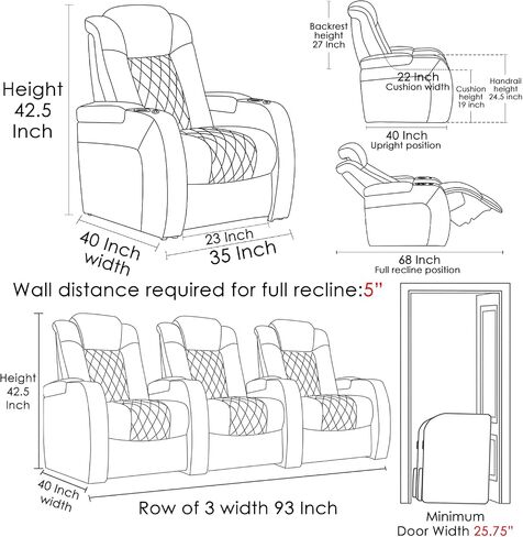 Home Theater Seating Top Grain Leather Recliner Chair Power Headrest and Recline Movie Seats Gaming Sofa with Tray Table Type-C USB Charge Cup Holders Row of 3 Blue in Saudi Arabia