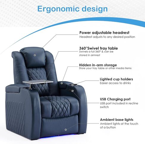Home Theater Seating Top Grain Leather Recliner Chair Power Headrest and Recline Movie Seats Gaming Sofa with Tray Table Type-C USB Charge Cup Holders Row of 3 Blue in Saudi Arabia