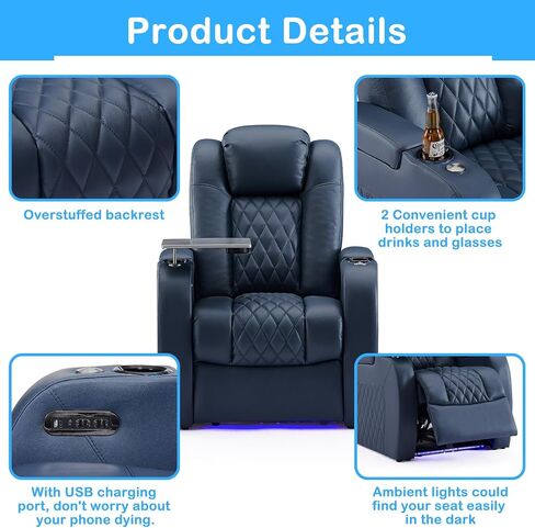 Home Theater Seating Top Grain Leather Recliner Chair Power Headrest and Recline Movie Seats Gaming Sofa with Tray Table Type-C USB Charge Cup Holders Row of 3 Blue in Saudi Arabia