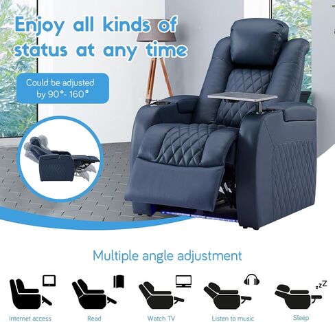 Home Theater Seating Top Grain Leather Recliner Chair Power Headrest and Recline Movie Seats Gaming Sofa with Tray Table Type-C USB Charge Cup Holders Row of 3 Blue in Saudi Arabia