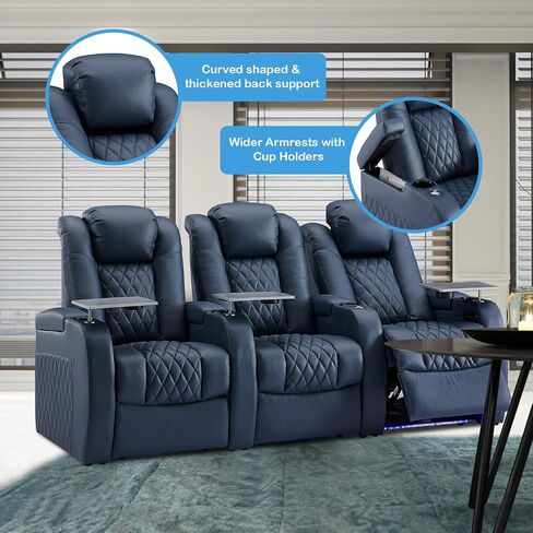Home Theater Seating Top Grain Leather Recliner Chair Power Headrest and Recline Movie Seats Gaming Sofa with Tray Table Type-C USB Charge Cup Holders Row of 3 Blue in Saudi Arabia