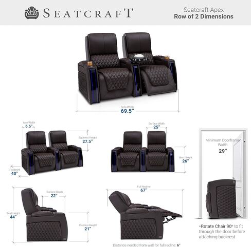 مقاعد المسرح المنزلي في قمة SETCRAFT - غرفة المعيشة - الجلود الإيطالية - كرسي الطاقة - مساند الطاقة والقطني - LED ARMSTS - Soundshaker - USB Charging - حاملات الكأس (صف من 2 ، براون) in Kuwait