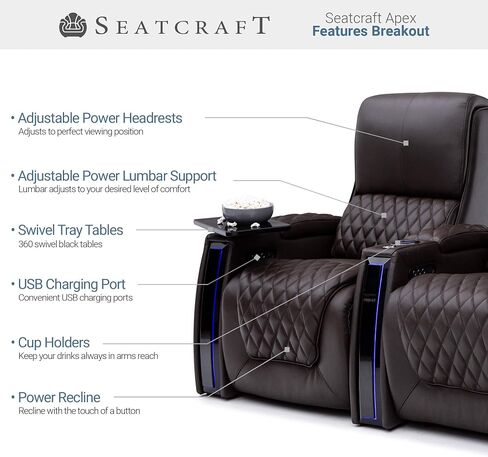 مقاعد المسرح المنزلي في قمة SETCRAFT - غرفة المعيشة - الجلود الإيطالية - كرسي الطاقة - مساند الطاقة والقطني - LED ARMSTS - Soundshaker - USB Charging - حاملات الكأس (صف من 2 ، براون) in Kuwait