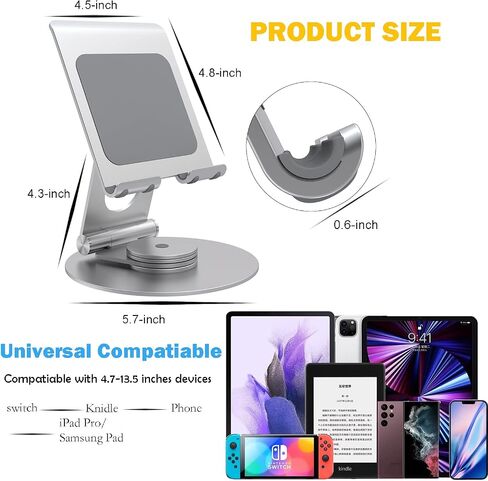 KABCON Swivel Tablet Stand, Aluminum Portable 360°Rotating Holder for Desk,Business,Kitchen,Desktop,Table Stand for iPad Pro 9.7,10.5,12.9/Air Mini,Tab,Kindle,Nexus,E-Reader-Black in Kuwait