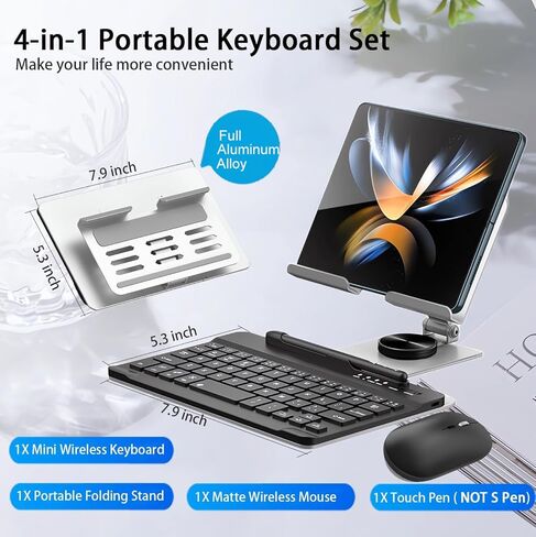 for Samsung Galaxy Z Fold 8 Ultra/Fold8 Wide/7/6/5 Stand and Keyboard Combo | 4-in-1 Portable Set Includes Mouse & Stylus Pen, Aluminum Alloy Foldable Desk Phone Stand, 7.9" Mini Bluetooth Keyboard in Kuwait