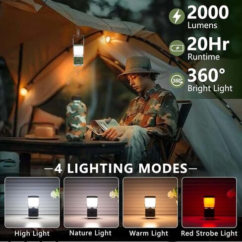 فانوس التخييم المحمول -4 بوصة قابلة للشحن ، 2000 رطل LED مصابيح التخييم مع Redlight و 20 ساعة وقت التشغيل والتعتيم بدون خطوة ، أضواء الطوارئ إعصار لانقطاع التيار الكهربائي ، مصباح التخييم المقاوم للماء in Kuwait
