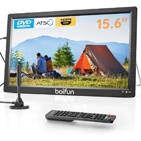 BOIFUN 15.6" Portable TV with Antenna, DVD Player Built-in, 5000mAh Battery, Support HDMI Input/USB/TF/AV Out and Multiple Disc Formats, Small TV DVD Combo for Camping Patio RV Kitchen, Black