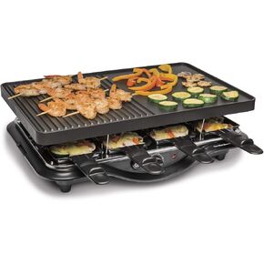 Hamilton Beach Electric Indoor Raclette Table Grill, 200 sq. in. PFAS-Free Nonstick Griddle Serves up to 8 People for Parties and Family Fun, Includes 8 Warming Trays, Black (31612MN-MX)
