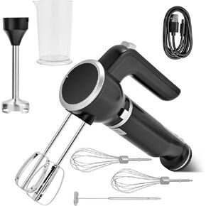 Pukomc Hand Mixer,5-in-1 Multifunctional Portable Charging Device Hand Blender,with lmmersion Blender and Beater,Whisk,Milkshake Bars,Blender Vessel,Easy to Clean,Black
