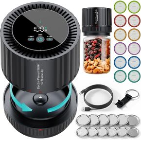 2025 Latest Updated Electric Mason Jar Vacuum Sealer Kit, Firm Sealing & Anti-Slip, Extra Lips*12 & Labels*12 Included, One Button Start Easy to Operate, for Wide Mouth or Regular Mouth of Mason Jars