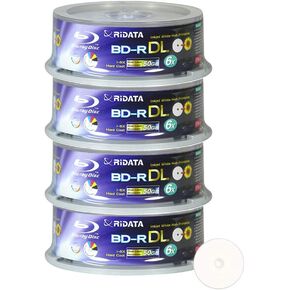 100 Pack Ridata Blu-ray BD-R DL Dual Layer 6X 50GB White Inkjet Hub Printable Recordable Blank Media Disc with Spindle Packing