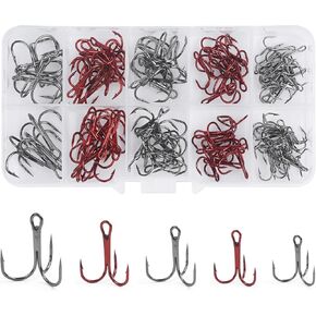 Red Treble Fishing Hooks Kit - 100pcs/box Sharp Round Bend Classic Triple Fishing Hooks High Carbon Steel Barbed Treble Hooks for Fishing Lure Baits Saltwater Freshwater Size 4 6 8 10