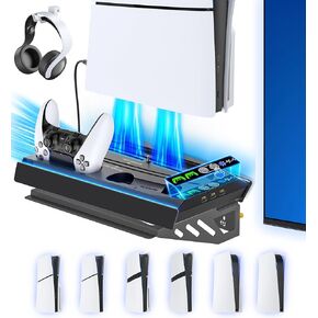 PS5 Wall Mount Kit with Charging Station for Edge & Dual Controller, 9 Light Modes PS5 Cooling Station with 3-Level Fan, PS5 Pro Stand Wall for PS5/Slim/Pro Disc&Digital, PS 5 Accessories Shelf Mount