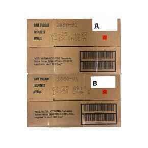 Meals Ready to Eat A and B bundle cases 2025, 2026 inspection. Genuine Military US surplus emergency food bulk supply full box with heater