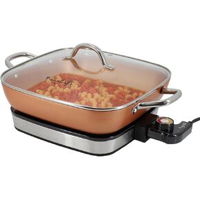 MegaChef Electric Fry Pan with Copper Non-Stick Coating, Tempered Glass Lid & Adjustable Temperature Control, Versatile Small Kitchen Appliance (11.81 Inch Fry Pan)
