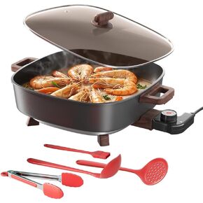 AORAN 12"x12" Electric Skillet 1500W with 5-Piece Kitchen Tools - 6.5QT Nonstick Griddle, Dishwasher Safe, Rapid Heating, Vented Glass Lid & Oven Safe Family Cookware