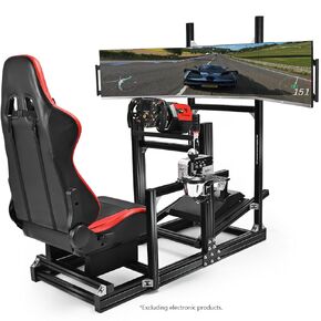 Anman Aluminum Profile Racing Simulator Cockpit with Triple Monitor Mount and Red Seat Fit for Logitech/Thrustmaster/Fanatec, Universal Adjustable Multi Cockpit,Excluding electronic devices
