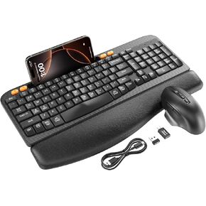 Wireless Keyboard and Mouse Combo, Ergonomic Wave Keys, Cushioned Plam Rest, Rechargeable, Phone Holder, Natural Typing, 2.4G Lag-Free, Full Size Keyboards Cordless Set for Windows/Mac -SABLUTE