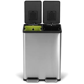 Simpli-Magic 60 Liter / 16 Gallon Rectangular Hands-Free Dual Compartment Recycling Kitchen Step Trash Can with Soft-Close Single Lid, Stainless Steel (30L x 30L Capacity)