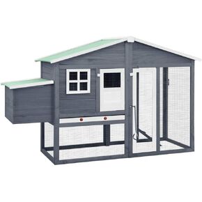 Comfortable Chicken Coop with Nesting Box, Durable Solid Fir Wood Construction, Water-Resistant Roof, Gray and White