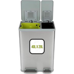 SIMPLI-MAGIC 60 Liter / 16 Gallon Rectangular Hands-Free Dual Compartment Recycling Kitchen Step Trash Can with Soft-Close Lid, Brushed Stainless Steel (38L x 22L Capacity)