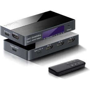 8K HDMI Switch 5x1 with 3 HDMI & 2 USB-C Input, FERRISA HDMI 2.1 Switch with Type-C Port Support 8K@60Hz, 4K@120Hz, 48Gbps, HDCP 2.3, HDR, Ultra HD, HDMI Switch with Remote for MacBook/PS5/Xbox/Laptop