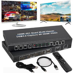 4K HDMI 4X1 Multiviewer with PIP USB3.0 Video Capture SIGRAPID Screen Divider 4 HDMI in 1HDMI and 1USB3.0 Video Capture Out Seamless Switch Display Supports IR/MC/Audio 4K@30Hz(YUV) 10 View Modes etc.