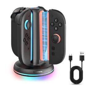 TRANSNOVO Charging Dock for Nintendo Switch 2 JoyCon, 4-Slot Dual-Side Magnetic Fast Charger, 9 RGB Modes, Circuit Protection, Heat Dissipation, Switch 2 Accessories for Multiplayer Gaming