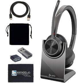 Poly Voyager 4320 UC Wireless Headset & Charge Stand - Stereo Headphones with Noise-Canceling Boom Mic + Charging Station + USB-C to A Adapter + USB C Dongle + USB A-C Cable + Pouch + Microfiber Cloth