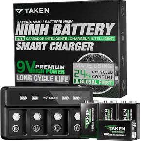 TAKEN Rechargeable 9v Batteries with Charger, High Capacity 4-Pack 1800mWh 9Volt NiMH Battery Made with 24% Recycled Content, 10 Year Shelf Life - for Smoke Alarms/CO Detectors, Electronics, and More
