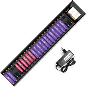 R24 48W 1.5A 24-Slot Speedy Smart LCD Display Universal Battery Fast Quick Charger for Rechargeable Batteries AA AAA Li-lon LiHv Ni-MH Ni-Cd Nizn LiFePO4 with AC Wall Adapter