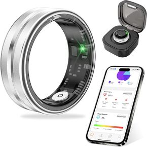 Thin Smart Ring for Fitness & Health Tracking -Pedometer,Sleep/Heart Rate/Blood Oxygen Monitor, Gesture Control / 5ATM Waterproof -No APP Subscription Compatible with Android& iOS (Silver, 7)