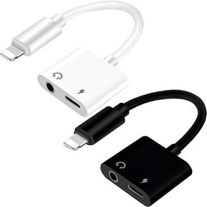 (2 عبوة - أبيض وأسود) Lightning إلى محول مقبس سماعات الرأس 3.5 ملم لـ iPhone و Apple MFI Dongle 2 في 1 Aux Aux و Charger Splitter Adapter متوافق مع iPhone 14/13/11/11/XS/XR/SE/8/7