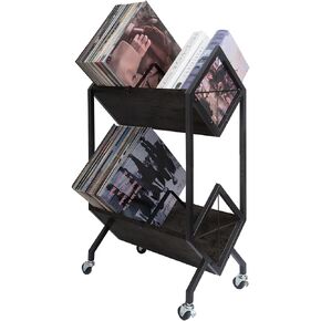 Vinyl Record Storage Holder with Wheels, 2-Tier Record Holder 160-200 LP with Dividers, Retro Style Quick Assembly Vinyl Record Display for Albums, Magazine, Book, Files (2 Tier- Black) in Kuwait