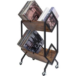 Vinyl Record Storage Holder with Wheels, 2-Tier Record Holder 160-200 LP with Dividers, Retro Style Quick Assembly Vinyl Record Display for Albums, Magazine, Book, Files (2 Tier- Black)