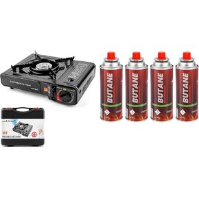Portable Stove – High BTU, Professional Quality, Portable, with Carry Case, High Performance, Electronic Ignition, Brass Burner, Double Wind Guard + Butane Fuel Cylinders (Stove + 4 Pack Butane Fuel)