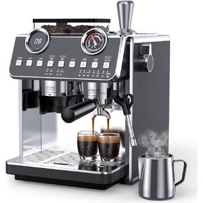 Espresso Machine with Grinder, 20 Bar Pressure Professional Espresso Maker with 30 Grinding Settings, 58mm Portafilte, Anti-scalding Milk Frother Steam Wand for Latte Cappuccino (Stainless Steel)