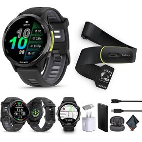 Garmin Forerunner 970 Running Smartwatch, GPS Fitness Watch for Men and Women, Carbon Gray DLC Titanium with Black Case/Translucent Whitestone Band​​ + Access 600 Fitness Monitor, M-XL​ + More