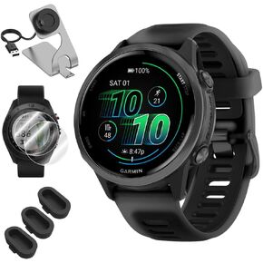 Garmin 010-02970-00 Forerunner 570 42mm GPS Smartwatch, Aluminum and Black Band Bundle with Deco Essentials Charging Dock, 3X Silicone Dust Cover and 2X 1.2 Inch Screen Protector