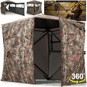 Hunting Blind 360 Degree See Through Ground Blind with Full Open Door - 2-3 Person Pop Up Hunting Tent with Carrying Bag for Deer & Turkey