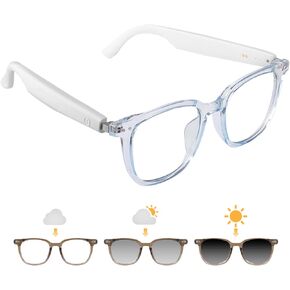 Smart Glasses for Women Men, Bluetooth Glasses with Photochromic Lenses Touch Control Voice Assistant for Clear Audio Remote Photography, Transparent frame and white legs, Perfect for Indoor Outdoor