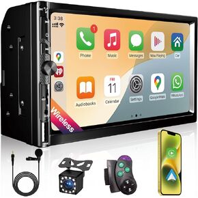 7 Inch Car Stereo with Wireless Apple CarPlay,Double Din Car Radio Androdi Auto,Bluetooth 5.2,IPS 1024 * 600 Display,FM Radio, Backup Camera,Online Navigation,178 * 100mm,Stereo Receivers