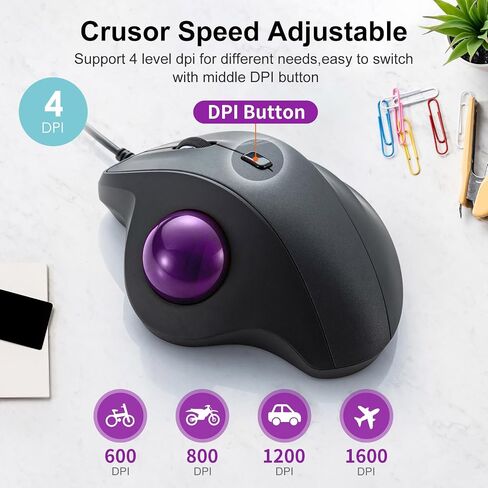 SANWA Wired Ergonomic Trackball Mouse, Optical Vertical Rollerball Mice, Silent Buttons, 34mm Trackball, 600/800/1200/1600 DPI, Compatible with MacBook, Laptop, Computer, Windows, macOS, Purple in Kuwait