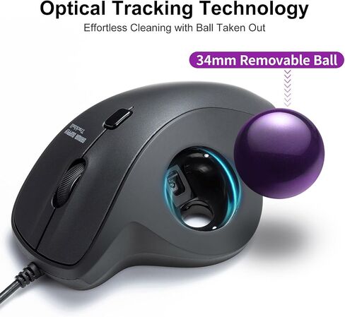 SANWA Wired Ergonomic Trackball Mouse, Optical Vertical Rollerball Mice, Silent Buttons, 34mm Trackball, 600/800/1200/1600 DPI, Compatible with MacBook, Laptop, Computer, Windows, macOS, Purple in Kuwait