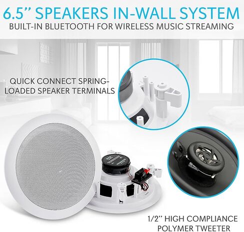 Pyle 6.5" Pair Bluetooth Flush Mount In-wall In-ceiling 2-Way Speaker System Quick Connections Changeable Round/Square Grill Polypropylene Cone & Polymer Tweeter Stereo Sound 150 Watt (PDICBT652RD) in Kuwait
