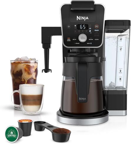 Ninja Dualbrew System Maker 14-Cup Coffee Maker ، خدمة واحدة ، قرون وأراضي ، 4 أنماط من المشروب ، طية مدمجة على بعد 70 أوقية. خزان المياه و Carafe ، Blacvk ، CFP451A in Kuwait