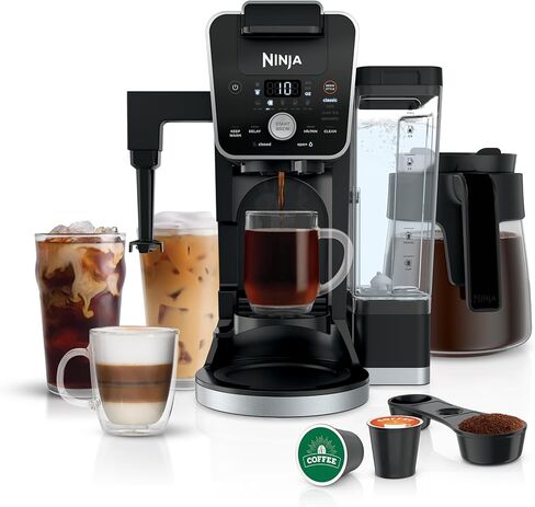 Ninja Dualbrew System Maker 14-Cup Coffee Maker ، خدمة واحدة ، قرون وأراضي ، 4 أنماط من المشروب ، طية مدمجة على بعد 70 أوقية. خزان المياه و Carafe ، Blacvk ، CFP451A in Kuwait