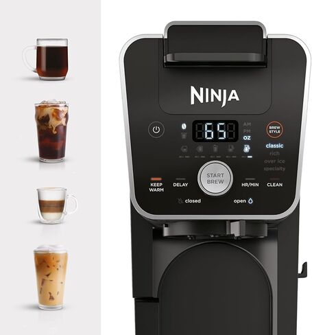 Ninja Dualbrew System Maker 14-Cup Coffee Maker ، خدمة واحدة ، قرون وأراضي ، 4 أنماط من المشروب ، طية مدمجة على بعد 70 أوقية. خزان المياه و Carafe ، Blacvk ، CFP451A in Kuwait