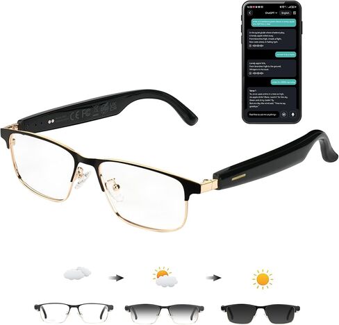 AI Translation نظارات ذكية مع الدردشة GPT و Deepspeek Bluetooth نظارات للرجال نساء مع 164+ لغة ولكنة ، وعدسة لتغيير أكواب الترجمة ، وعروض الأذن مفتوحة في وزن الأذن in Kuwait