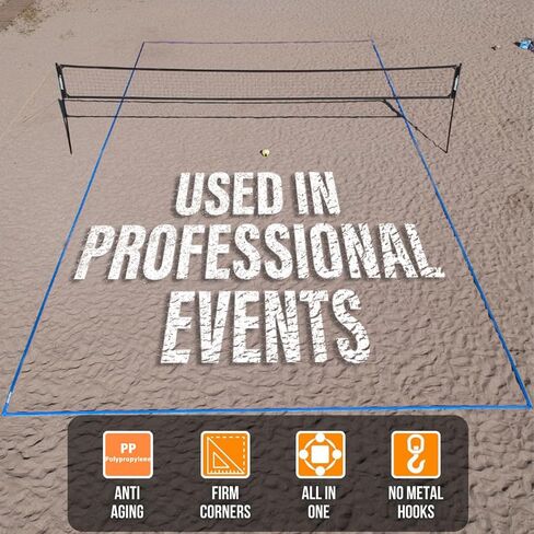 خطوط حدود المحكمة الاحترافية من Boardee للكرة الطائرة الشاطئية + تنس الشاطئ، كرة القدم، كرة الريشة 2 بوصة × خطاف وحلقة قابلة للتعديل (26.3 × 52.6 بوصة) أو (29.5 × 59.05 بوصة) in Kuwait